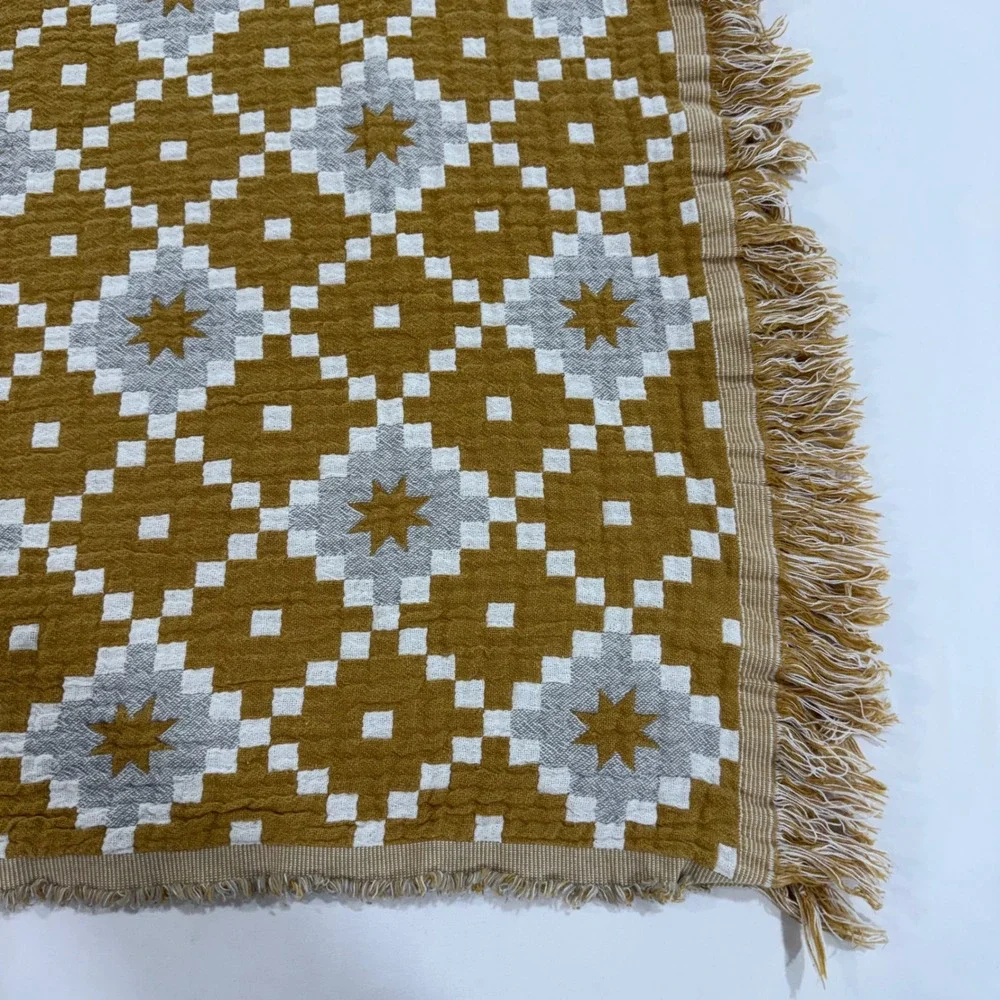 IKEA SVARTFRYLE Throw Blanket 51x67 Mustard Yellow Gray Jacquard Cotton Fringe